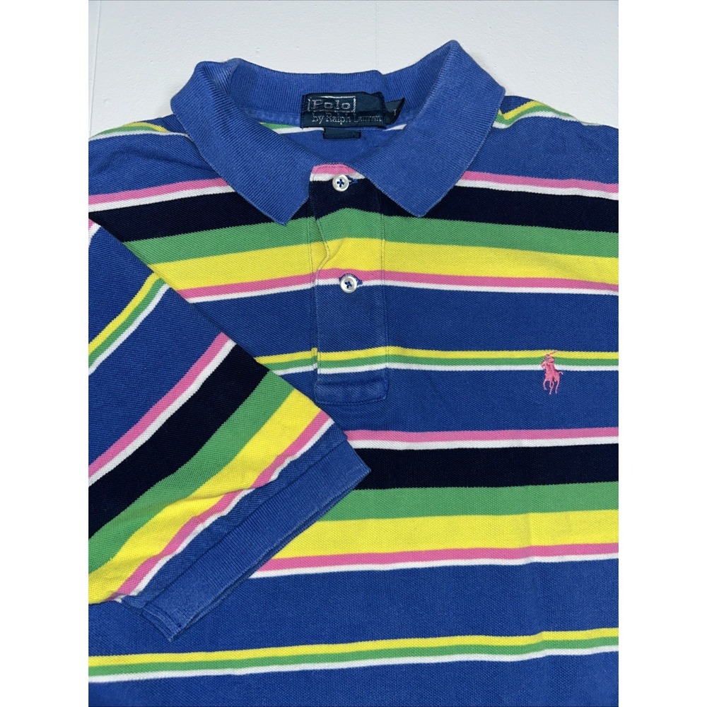 Vintage Polo Ralph Lauren Multi-Color Striped Cotton Polo Shirt Mens Large
